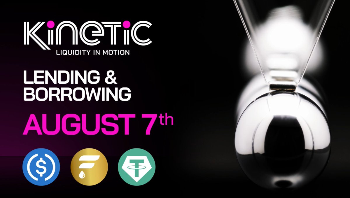 Kinetic_Markets's tweet photo. Lending &amp; Borrowing on Kinetic goes LIVE 
August 7th @ 1pm EST!
Initial markets will be $USDC $USDT and $sFLR
with $USDX coming online some time after.
Get ready to get moving with Kinetic! https://t.co/DNpkVN5OPA
