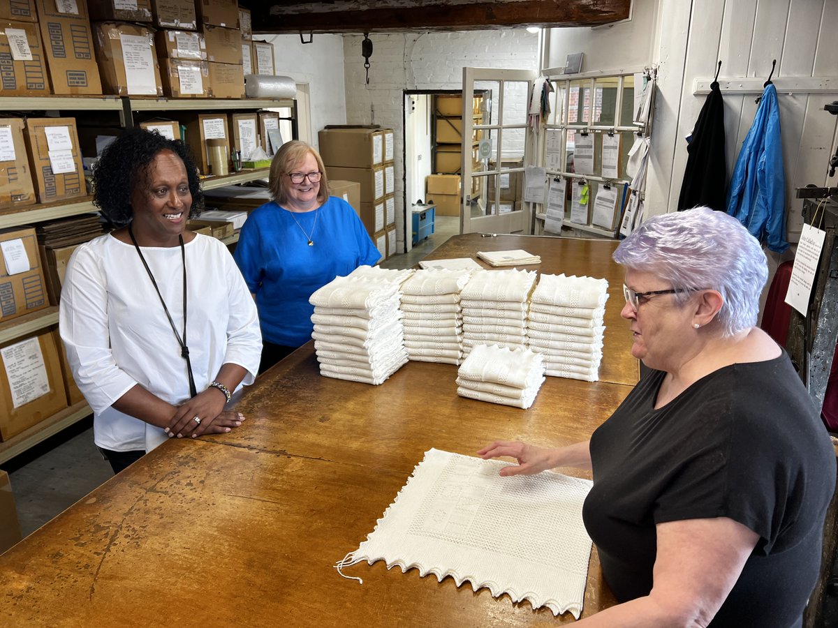 (4 of 6)
It takes 2 days and up to 8 pairs of skilled hands to make each knitted piece.
.
Following the journey of lace knitted shawls, scarves and baby shawls <a href="/g_h_hurt/">G H Hurt & Son</a> Shawl Factory, The <a href="/Lord_Lt_Notts/">Nottinghamshire Lieutenancy</a> Prof. Veronica Pickering meets Ann, inspecting each hand folded piece.