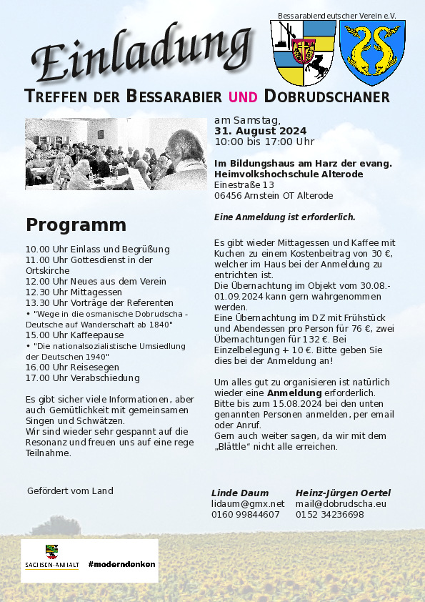 Einladung  zum
TREFFEN DER BESSARABIER UND DOBRUDSCHANER
am Samstag, 31. August 2024 Im Bildungshaus am Harz der evang. Heimvolkshochschule Alterode