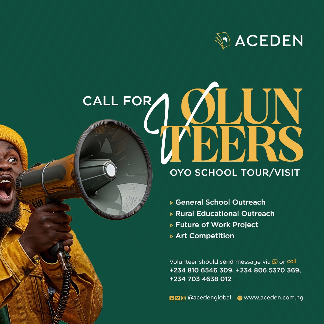 acedenglobal's tweet photo. Call for Volunteers!

Get involved and be part of something bigger by volunteering your time, skills, and passion.

To join us, call or chat via WhatsApp: +234 810 6546 309 / +234 806 5370 369

Stay connected with us for updates &amp; more info: @acedenglobal https://t.co/385QNWcmiE https://t.co/Z4l5sFGhQ9