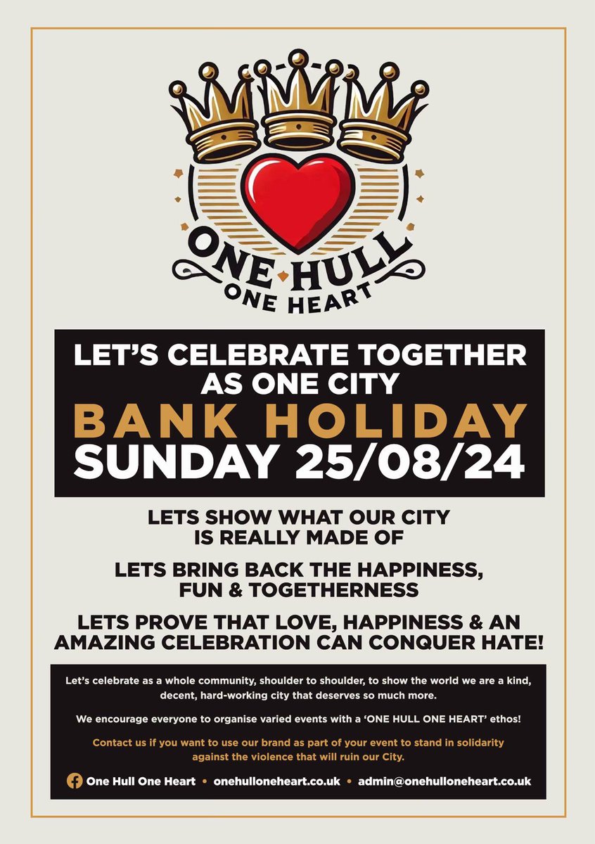 Following the events of Saturday, we condemn all those who promote racism, hatred and division in our city, and are more than happy to unite under the One Hull, One Heart banner on Aug 25 - which aims to celebrate #Hull at its best: community, togetherness and creativity. 🩷