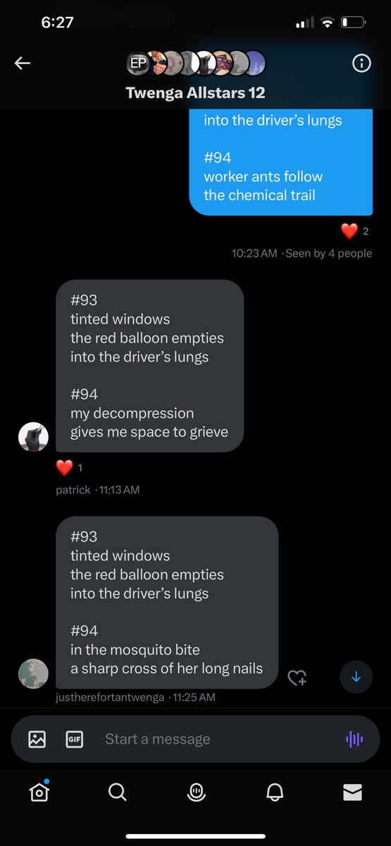#93
tinted windows
the red balloon empties
into the driver’s lungs

#94
that grey plaggy bag
is really a heron

#twenga #misc @jamray 
@Random_Fate <a href="/byTinaFrancis/">Tina Francis</a> <a href="/Cathy_Wade/">Cathy Wade</a> <a href="/artpickdarkpot/">patrick</a> <a href="/tantwenga2024/">justherefortantwenga</a> <a href="/Gavin_Wade_/">Gavin_Wade_</a> <a href="/LittleOnion/">Little Onion</a> @ruthclaxton <a href="/AnumAJamal/">Anum Jamal</a> #100verses