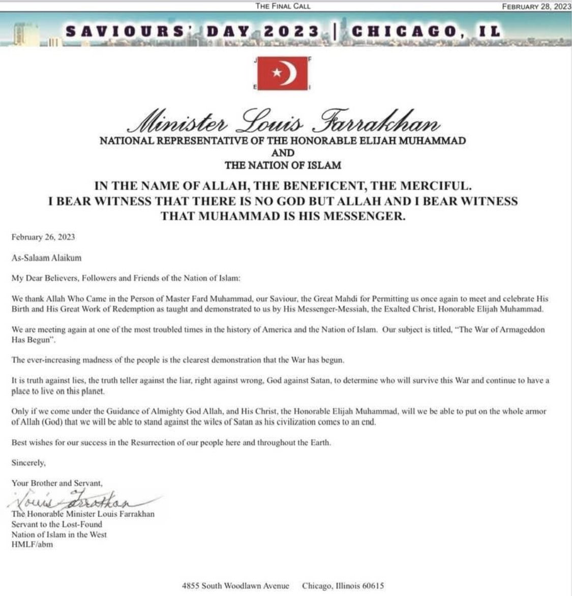 Peace &amp; Happy Saviours’ Day. Please Read &amp; Re-Read This Most Important Letter Of Supreme Love &amp;
Supreme Wisdom From Our Beloved, The Honorable Minister Louis Farrakhan. 

“Divine Guidance In A Time Of World Crisis”—The Honorable Minister Louis Farrakhan speaks.  R We Listening?