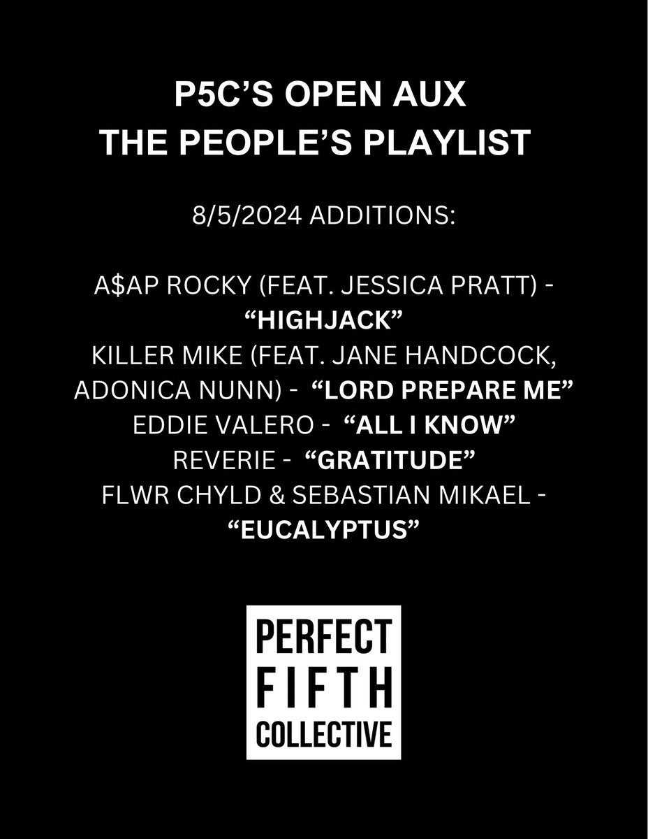 PerfectFifthCol's tweet photo. GM good people!!! Issa Monday! 

P5C appreciates all of the song recommendations for this playlist update, let’s keep it going ⏯️

New music features from @asvpxrocky @KillerMike , @msjanehandcock , @ReverieLOVE more.

Run it up 🌊🌊🌊 https://t.co/0Z08s66Y4j