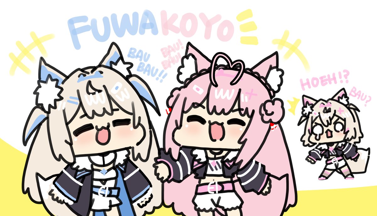 フワワ・アビスガード ,フワワ・アビスガード(通常) ,モココ・アビスガード ,モココ・アビスガード(通常) 「\( ^ω^)/FUWAKOYO!!!#FWMCpix #こよりすけっち 」|Gugu caveのイラスト