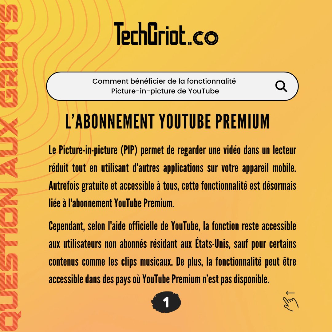 TechGriot's tweet photo. La fonctionnalité Picture-in-Picture de YouTube est très pratique au quotidien. Bien qu'officiellement réservée aux abonnés YouTube Premium, certains utilisateurs y ont accès gratuitement, mais de manière aléatoire et peu fiable. Pourquoi ? Réponse dans la #QuestionAuxGriots https://t.co/tL51awnrZD