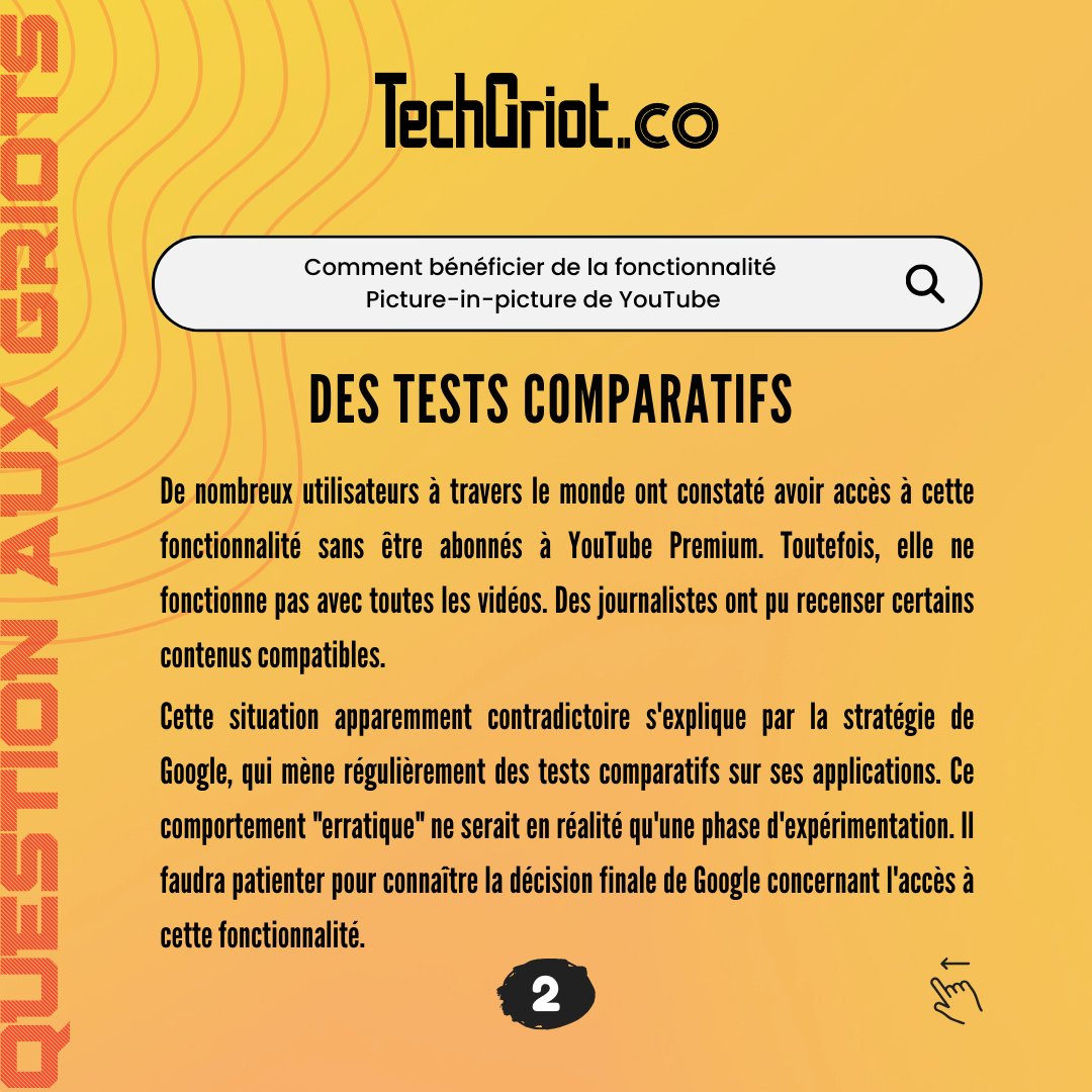 TechGriot's tweet photo. La fonctionnalité Picture-in-Picture de YouTube est très pratique au quotidien. Bien qu'officiellement réservée aux abonnés YouTube Premium, certains utilisateurs y ont accès gratuitement, mais de manière aléatoire et peu fiable. Pourquoi ? Réponse dans la #QuestionAuxGriots https://t.co/tL51awnrZD