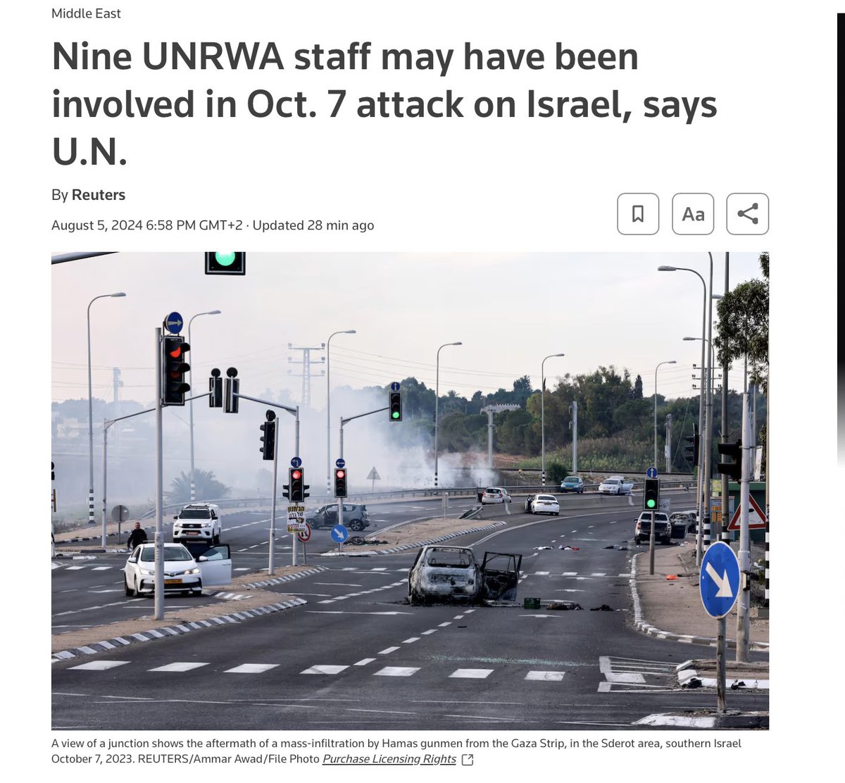 nexta_tv's tweet photo. The UN has admitted that its staff may have taken part in the October 7 massacre in Israel

Nine staff members of the United Nations Relief and Works Agency for Palestinian Refugees may have been involved in the Oct. 7, 2023, Hamas attack on Israel, and their employment will be terminated, Reuters reports citing the UN statement.