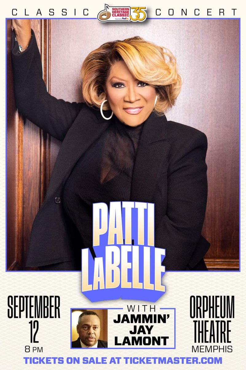 Southern Heritage Classic (@classicmemphis) on Twitter photo Great music never goes out of style!! Songstress <a href="/MsPattiPatti/">Patti LaBelle</a> will take the stage Thursday, September 12th at the <a href="/TheOrpheumTN/">Orpheum Theatre Group</a>. Do you have your tickets? Come sing a song and dance in the aisles with us!!
bit.ly/SHC35 #classicmemphis #visitmemphis #pattilabelle Great music never goes out of style!! Songstress <a href="/MsPattiPatti/">Patti LaBelle</a> will take the stage Thursday, September 12th at the <a href="/TheOrpheumTN/">Orpheum Theatre Group</a>. Do you have your tickets? Come sing a song and dance in the aisles with us!!
bit.ly/SHC35 #classicmemphis #visitmemphis #pattilabelle