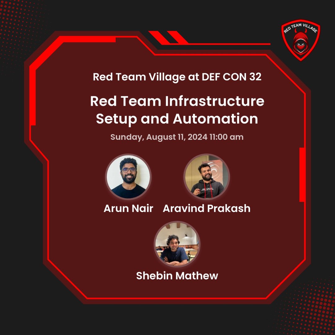 RedTeamVillage_'s tweet photo. 🚀 Ready to level up your Red Team game? Join @dazzyddos, #AravindPrakash, and #ShebinMathew for a workshop on “Red Team Infrastructure Setup and Automation” at RTV during @defcon 32!
📅 11 Aug 2024, 11:00 AM
📍 Narrows (Track 4) https://t.co/kKddtkvDkI