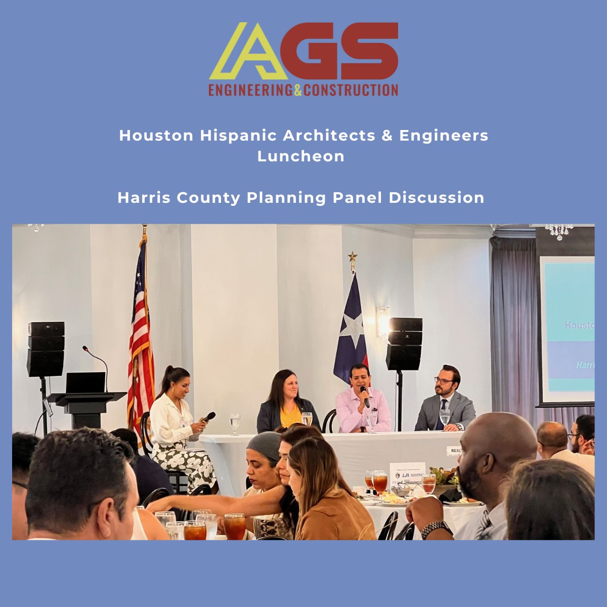 SolutionsAlly's tweet photo. AGS was excited to attend Houston Hispanic Architects and Engineers, Inc. August Luncheon: Harris County Planning Panel Discussion. It was great to listen to the panelists' insights on planning for Harris County's future.
#HarrisCounty #Precinct2 #Precinct4 #HHAE #AGS https://t.co/jbLNyE6WsJ
