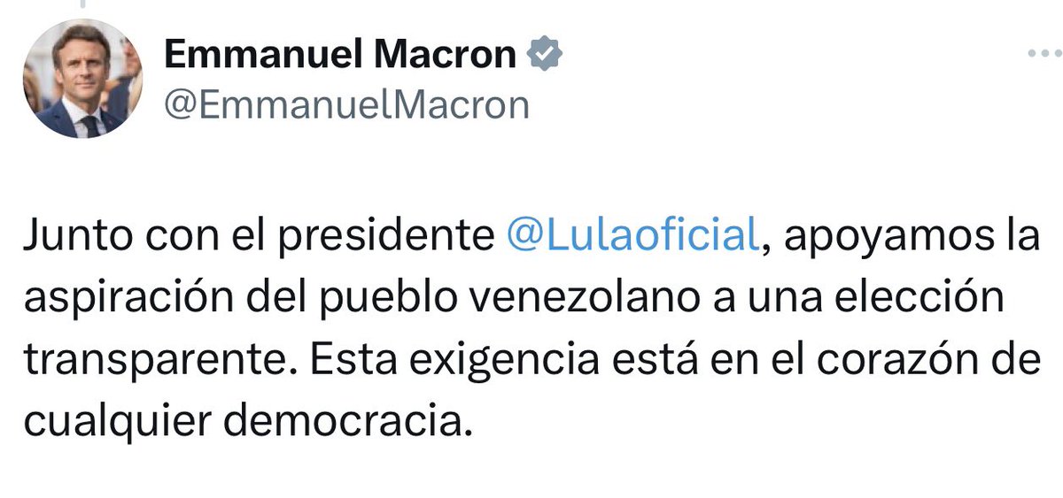 OrlvndoA's tweet photo. #AHORA | Lula y Macron hablan por teléfono.

Al respecto, escribe Macron:

“Apoyamos la aspiración del pueblo venezolano a una elección transparente”. https://t.co/atEXDwpzK6