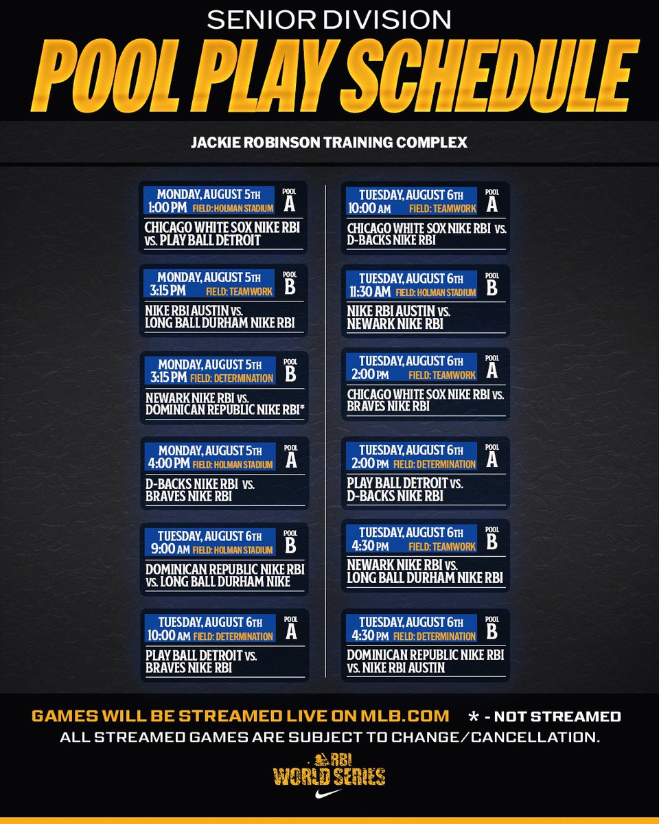 And they’re off‼️ 

Here’s the full pool play schedule for the senior division of the #NIKERBI Baseball World Series ⚾️🏆