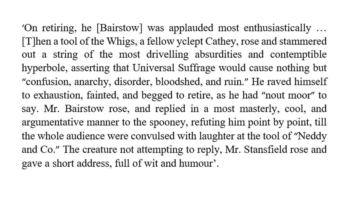 redhistorian's tweet photo. Love this Chartist account of a debate for and against universal suffrage in Leeds in 1840.

I suspect it may not be a wholly balanced report, but lovely use of the word "yclept"... https://t.co/NWXOLi2YDN