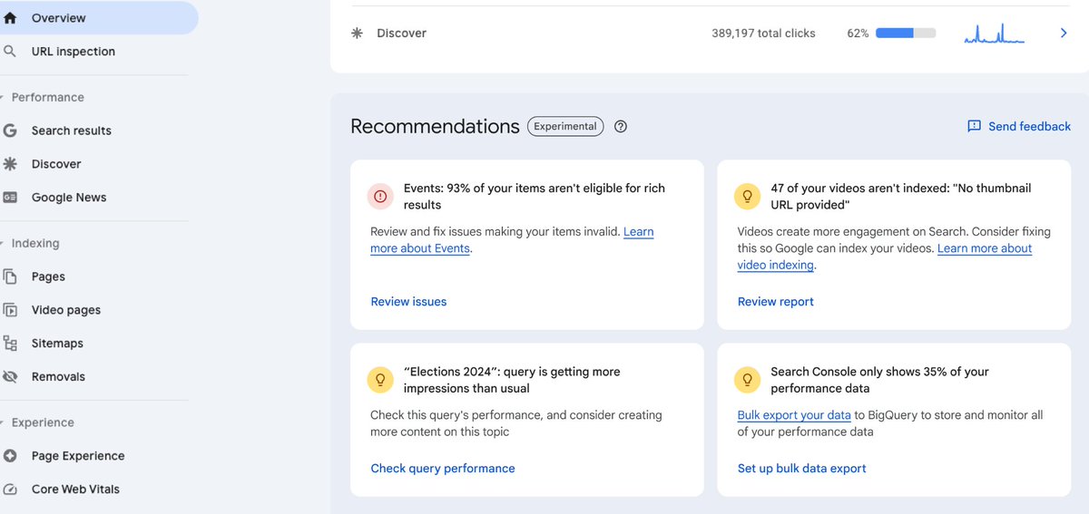 Fijándome en el pantallazo, me llama la atención:

3. Avisan de una query que está teniendo más impresiones, y recomiendan "crear más contenido en torno al tema"

4. Admiten que la interfaz enseña sólo el 35% de los datos de rendimiento totales, y que es mejor acceder por API