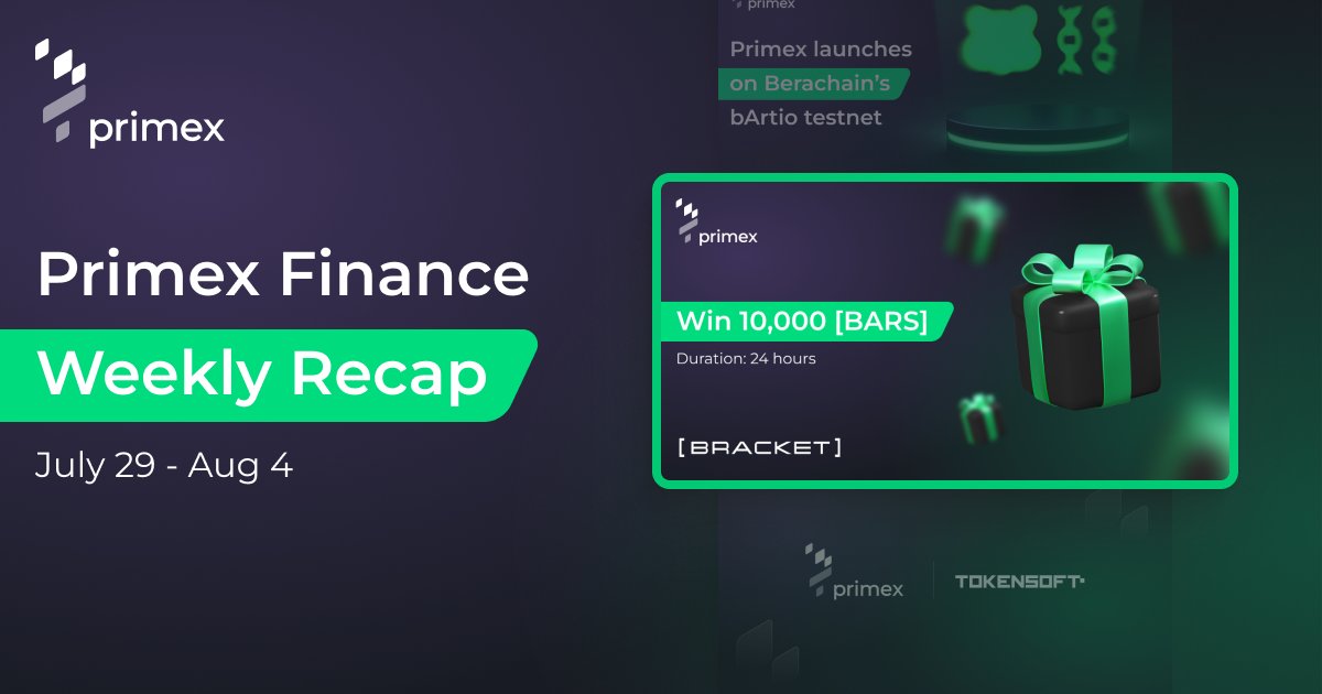 primex_official's tweet photo. 🌟 Jul 29 - Aug 4 Weekly Recap 🌟 

Last week has been packed with exciting developments! Here’s a quick rundown of what Primex achieved together with its amazing community:  

1️⃣ 2 New Launch Partners!
We’re excited to partner with @TokensoftInc and @cvpad_xyz, enabling leveraged trading for their projects. These collaborations bring even more token options for our Lenders and Traders to explore on Primex. 💼✨

2️⃣ Primex on @berachain's bArtio Testnet: We’ve launched on Berachain's bArtio Testnet, leveraging their innovative Proof-of-Liquidity (PoL) consensus. Dive into margin trading and lending on one of the hottest EVM-compatible L1 chains! 🔗🐻

3️⃣ New Partnership Alert: We’ve partnered with @bracket_fi to celebrate their launch on July 31st by giving away 10,000 [BARS] to our community! Make sure to check out the giveaway details and see if you were one of the lucky winners! 🏆🎁

4️⃣ Content Creators Rewards: Week 4 recognition NFT for the Primex Content Contest are now available! 🎨🚀 Congratulations to the $ePMX token winners announced in our Discord: https://t.co/XhyvPYHplL

5️⃣ Contribute & Earn Program Phase 8 Rewards: Congratulations to the 200 winners of Phase 8! 🎉 Phase 9 ends just in a week, so keep pushing forward to earn more $ePMX. Don’t forget to check results and claim your rewards: https://t.co/eMKKR4UTvP 

Stay tuned for more updates and opportunities to engage with Primex! July Monthly Recap is on its way!

#PrimexFinance #Tokensoft #CVPad #Berachain #BracketLabs #PrimexRewardsCampaign #ePMX
