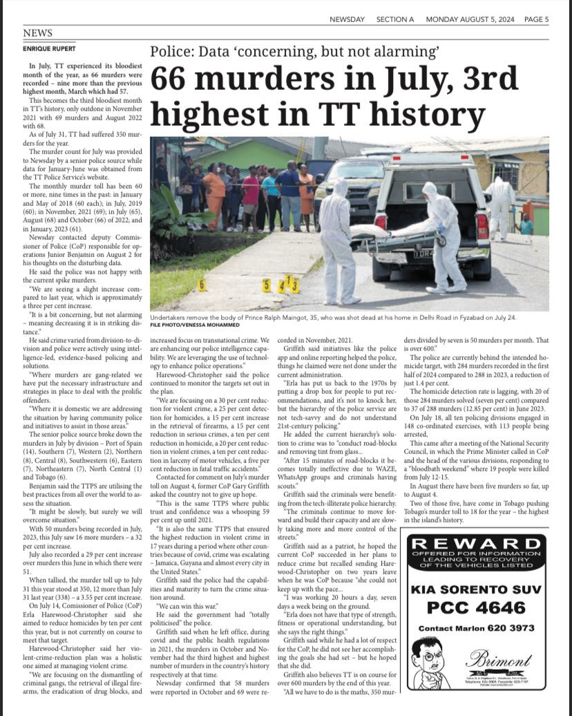 July was TT's bloodiest month in 2024 thus far with 66 murders. It becomes the 3RD bloodiest in TT's history.

NOV 2021 had 69 murders and AUG 2022 had 68.

Deputy CoP in charge of operations Junior Benjamin said while the increase is “concerning, it's not alarming."

Thoughts?