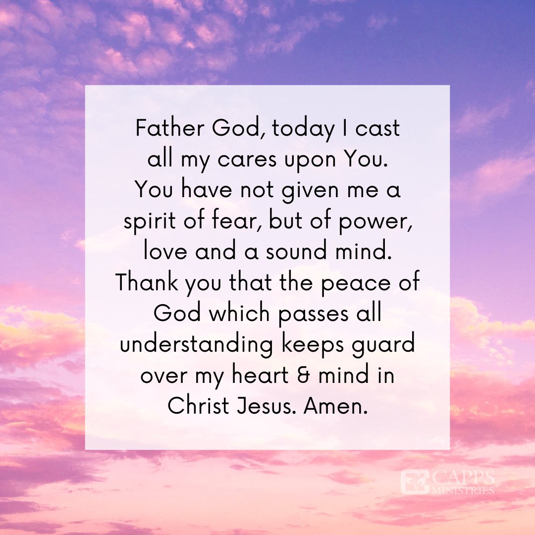 CharlesCapps1's tweet photo. Confession of the Day— Father God, today I cast all my cares upon You. You have not given me a spirit of fear, but of power, love and a sound mind. Thank you that the peace of God which passes all understanding keeps guard over my heart &amp; mind in Christ Jesus. Amen. https://t.co/cxgIoGUIeJ