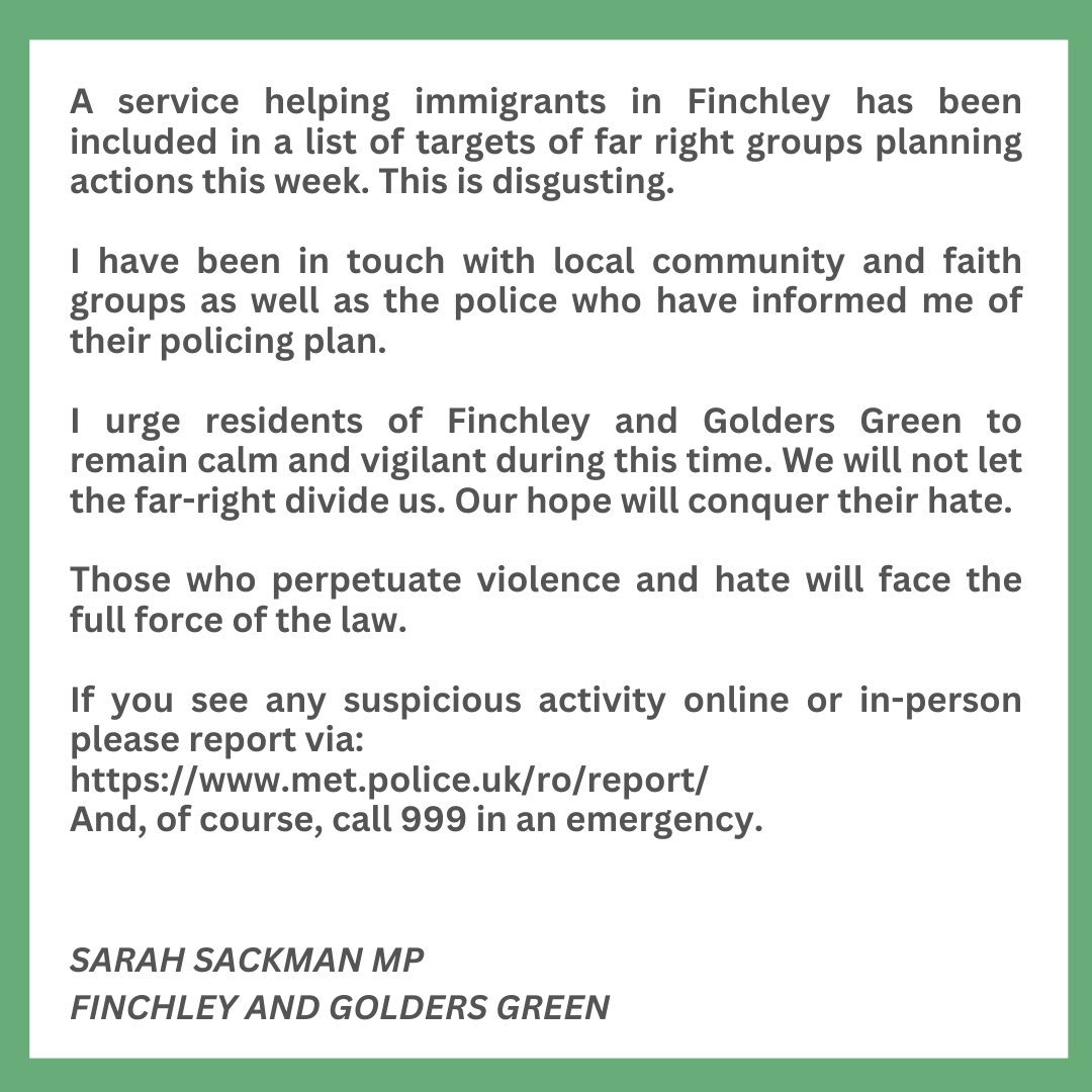 My statement on planned far-right action in Finchley.