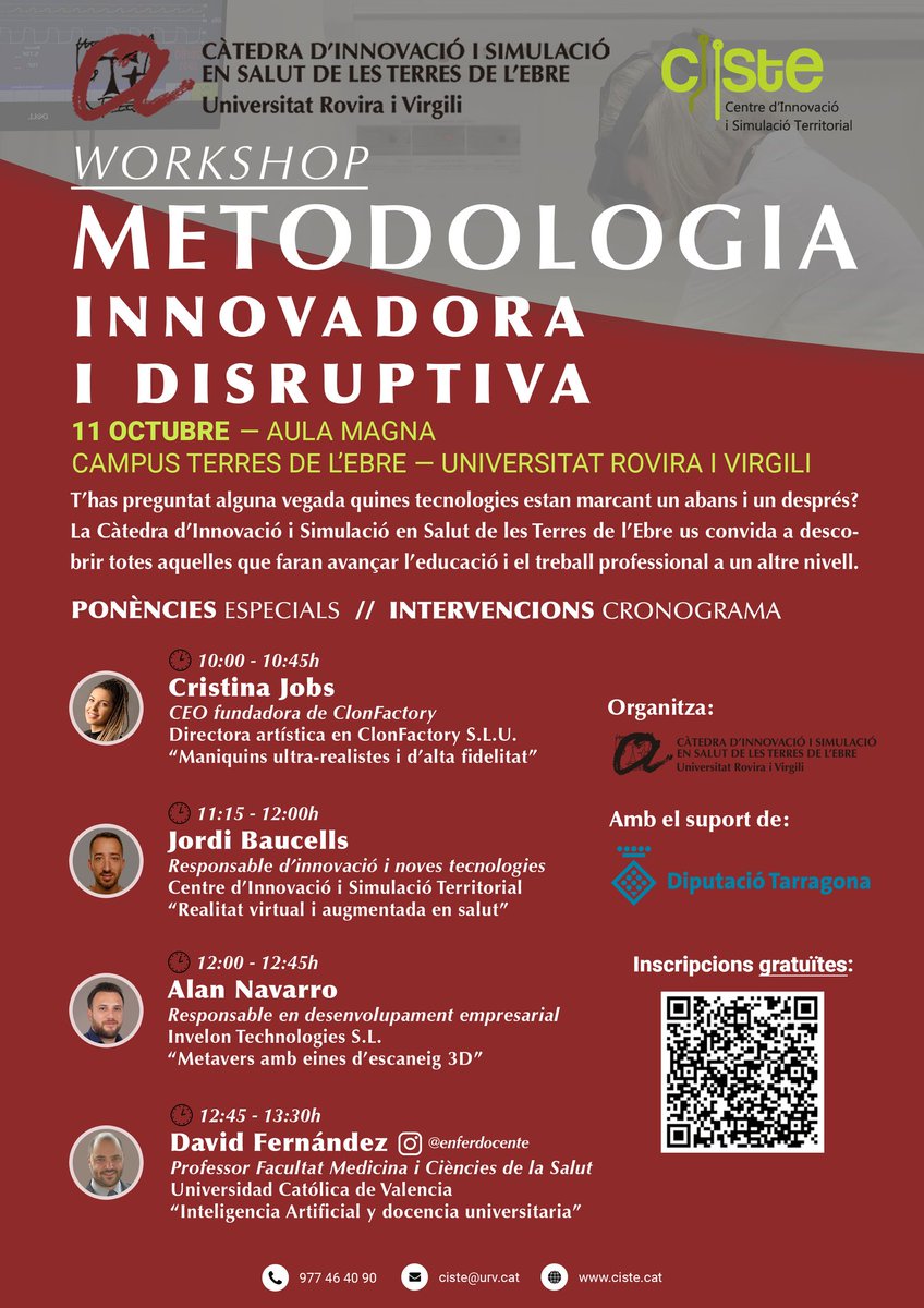 cistecat's tweet photo. 📣 A T E N C I Ó 📣
🎉 Us volem anunciar el segon Workshop organitzat per la Càtedra d'Innovació i Simulació en Salut de les Terres de l'Ebre per al pròxim dia 11 d'octubre: "Metodologia Innovadora i Disruptiva".
#workshop #CISTE #urv #campusebreurv #simulacions #tecnologia https://t.co/bo9gRqYLZP