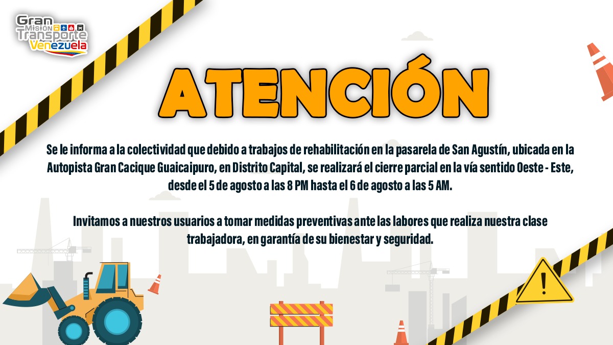 #ATENCIÓN 🚨 CARACAS | Se les informa a los usuarios que debido a trabajos de rehabilitación en la pasarela de San Agustín, ubicada en la Autopista Gran Cacique Guaicaipuro, Distrito Capital, se estará llevando a cabo cierre parcial en la vía sentido Oeste - Este, desde el #5Ago