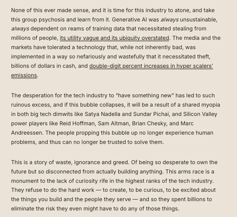edzitron's tweet image. The AI bubble is a story of waste, ignorance and greed, and proves big tech no longer has the capacity to innovate. This has been a $200 billion distraction from their inability to solve real problems- and it’s time to fire Satya Nadella and Sundar Pichai.
wheresyoured.at/burst-damage/
