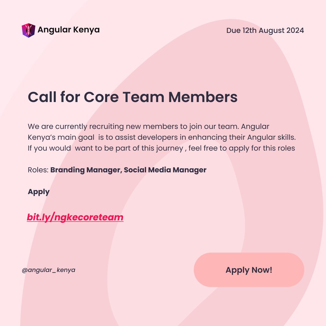 Dear Developer👨🏿‍💻👩🏿‍💻, 
Close that laptop and join Angular Kenya as a core team member🤝🏿

We believe that we can grow together as a community, with you as part of us😁
Deadline to apply is 12th August 2024 

Apply Now👇🏿
#AngularKenya #Angular