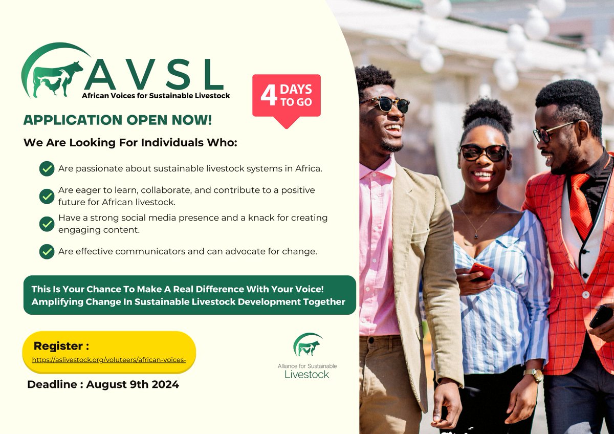 all4livestock's tweet image. Join the AVSL Ambassador Program!!!
Passionate about sustainable livestock in Africa? Apply now and make a difference!
🗓️ 4 days left

🔗 Register: [aslivestock.org/volunteers/afr…]
🗓️ Deadline: August 9, 2024
#SustainableLivestock #AVSL #ChangeMakers #AfricaAfrica