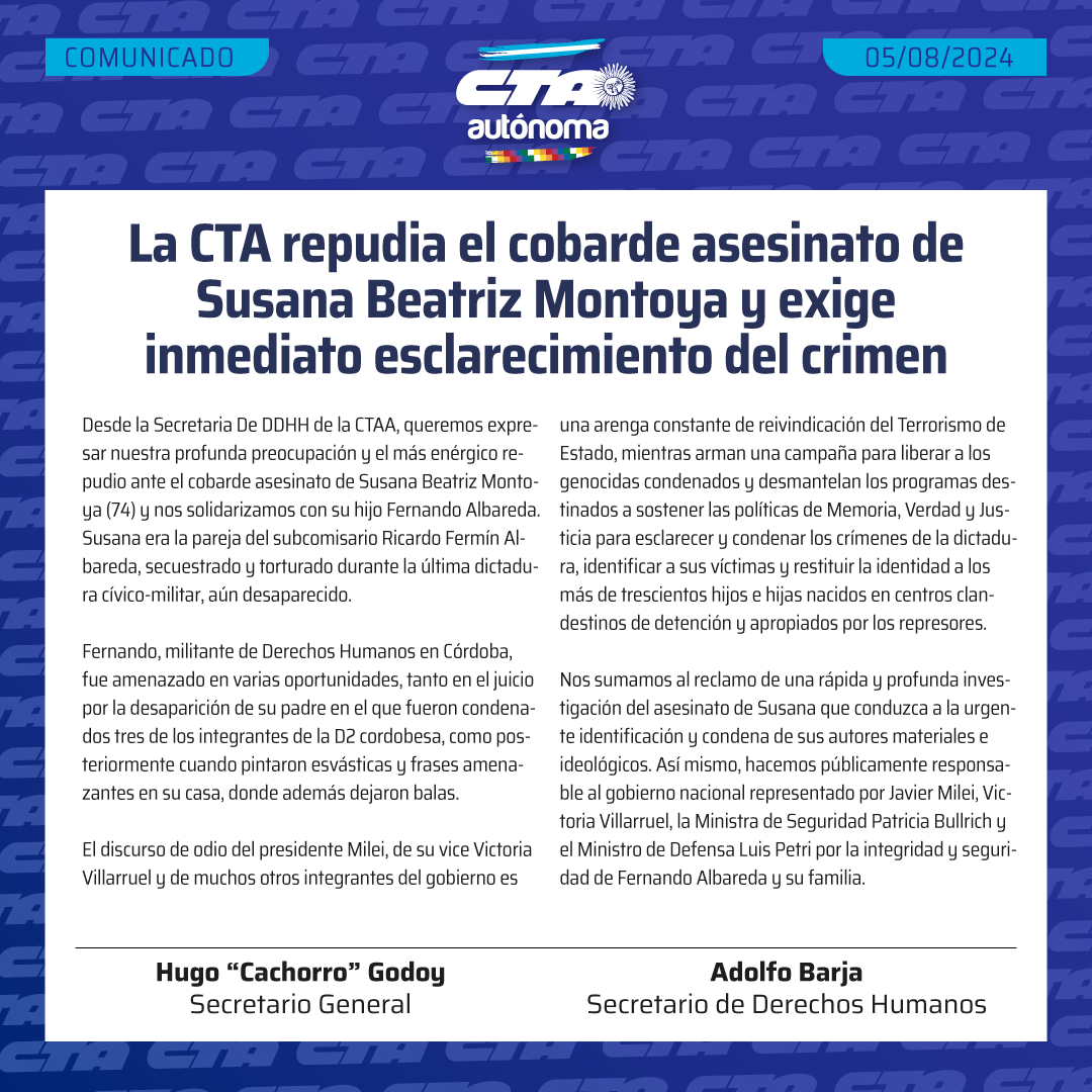 La Secretaria de DDHH de la CTA, expresa su profunda preocupación, repudia enérgicamente el cobarde asesinato de Susana Beatriz Montoya y se solidariza con su hijo Fernando Albareda.
