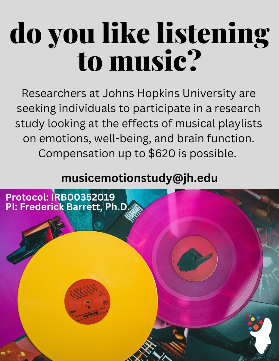Do you like listening to music? We are seeking individuals to participate in a research study looking at the effects of musical playlists on emotions, well-being, and brain function. Volunteers must be medically and psychiatrically healthy and must be able to travel to Johns