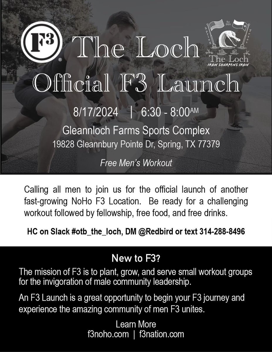 August 17th we are launching a new location in Spring TX. Come join us for a spectacular free workout and fellowship to follow 

#f3NoHo #f3houston #f3nation