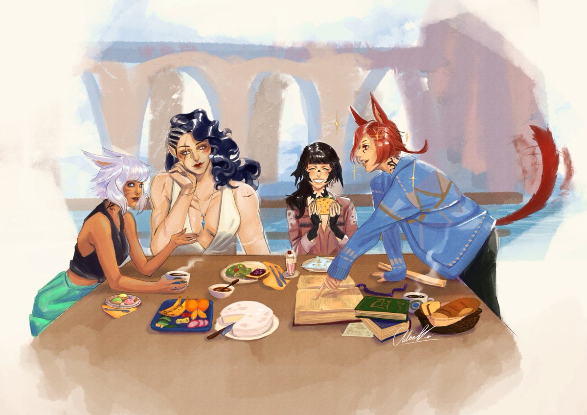 Chloe_Koi's tweet photo. "A Calm After a Storm" A watercolour sketch done by Alphie after catching a sight of his friends at the Last Stand post Endwalker. 
Commissioned by my lovely friend @StwabebbySeed to portray her georgous WoL, her friend and everyone's favourite miqo'tes.
#ffxiv #yshtola #grahatia https://t.co/zVBgK97jsm