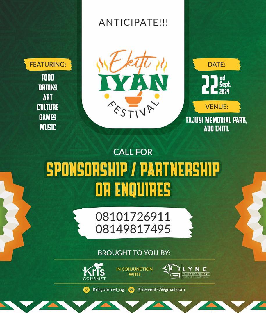 Prestigious Ekiti Kete!!! Join us at the first-ever Ekiti Iyan Festival! 🍲 Celebrate culture, taste the beauty of our tradition, and experience the richness of indigenous cuisine on September 22 at Fajuyi Memorial Park, Ado Ekiti. Don't miss out on this unique cultural feast!🤩