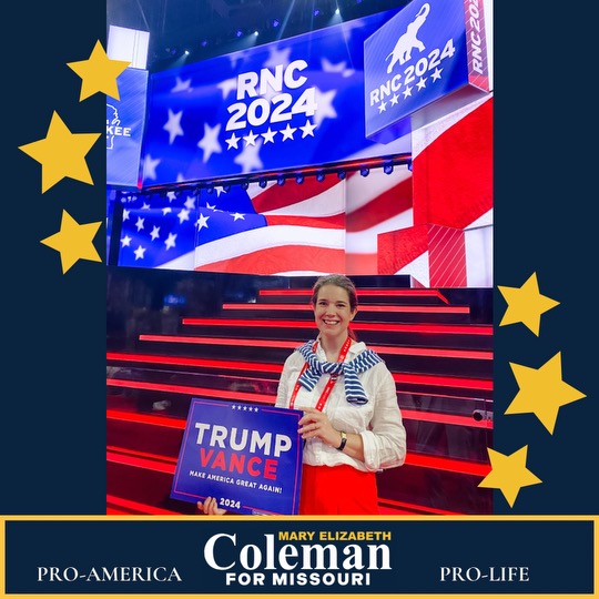 meaccoleman's tweet image. As a mom who got mad, I’m fighting for our conservative values. On August 6, I’m asking for your support and vote to be Missouri’s next Secretary of State. Let's stand strong against the radical Left and the woke mob. #MOSOS