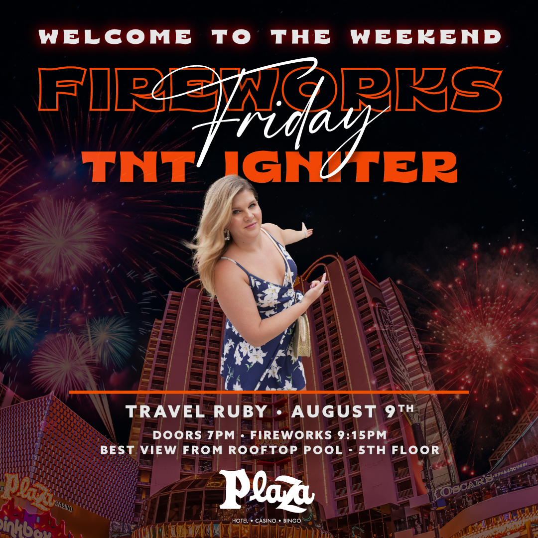 PlazaLasVegas's tweet photo. 🎆4 WEEKS LEFT🎆
This week we welcome Travel Ruby as our Welcome to the Weekend TNT Ignitor! Be sure to stop by for the 9:15pm Friday Fireworks! Rooftop viewing doors open at 7pm ✨
https://t.co/wWBYUVCrJZ

#PlazaLV #FridayFireworks #WelcomeToTheWeekend #DTLV #Vegas #TravelRuby https://t.co/QjiHIhUvTO