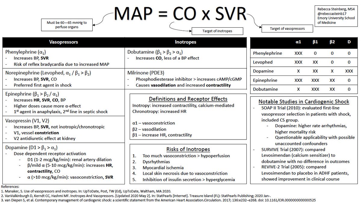 🔴Vasopressors and Inotropes - Pharmacology Summary🩺 ⤵️   

🔹Vasopressors and Inotropes - Comparison Table
Activity: Alpha-1, Beta-1, Dopamine, SVR, HR, CO, BP

 #Cardiology #FOAMed #MedEd #medstudent #paramedic #Cardiology #CardioEd #medtwitter #meded