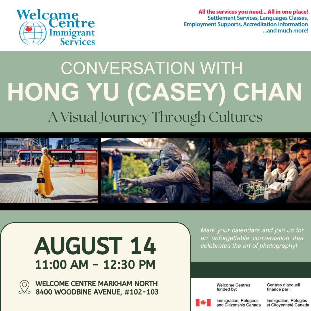 durham_york's tweet photo. Join us for an exclusive conversation with Hong Yu (Casey) Chan!

Don't miss this opportunity to experience the magic of his photography firsthand!

🗓️Wednesday, August 14
🕒11:00 AM - 12:30 PM
📍Welcome Centre Markham North
8400 Woodbine Ave, Units #102-103 https://t.co/pz0CsEtqr4