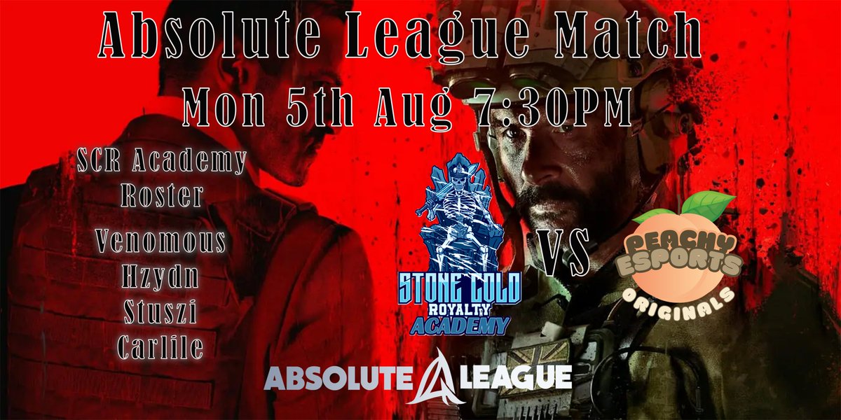 Stone Cold Royalty (@stonecoldroyal) on Twitter photo SCR Academy are in action tonight, They are taking on Peachy Originals in their first League match in the Absolute League
Kick-off 7:30pm
Caster - twitch.tv/aryzeh
Good luck Lads
<a href="/DanielLee150294/">Daniel lee</a>
@hzydncod
<a href="/stuszii/">Stuszi</a>
<a href="/chriscarlile12/">chris carlile</a> SCR Academy are in action tonight, They are taking on Peachy Originals in their first League match in the Absolute League
Kick-off 7:30pm
Caster - twitch.tv/aryzeh
Good luck Lads
<a href="/DanielLee150294/">Daniel lee</a>
@hzydncod
<a href="/stuszii/">Stuszi</a>
<a href="/chriscarlile12/">chris carlile</a>