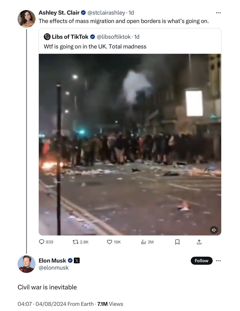 Elon Musk is using this platform to destabilise the UK with lies. The response has to be long-overdue regulation of social media, including the licensing of outlets, compulsory content moderation rules and a ‘fit and proper owner’ test. This is now an issue of national security.