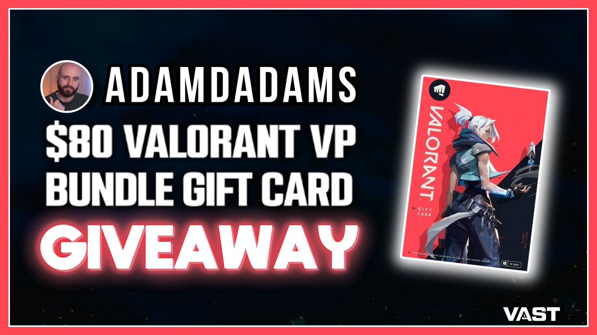 I've teamed up with <a href="/VastGG/">Vast</a> for my first ever $80 Valorant gift card giveaway!

To enter, perform the tasks via the link below. Retweet + Like this tweet!   

✅  Follow <a href="/AdamDadamz/">AdamDadams</a> <a href="/VastGG/">Vast</a> 

Enter Here: vast.link/AdamDadams-