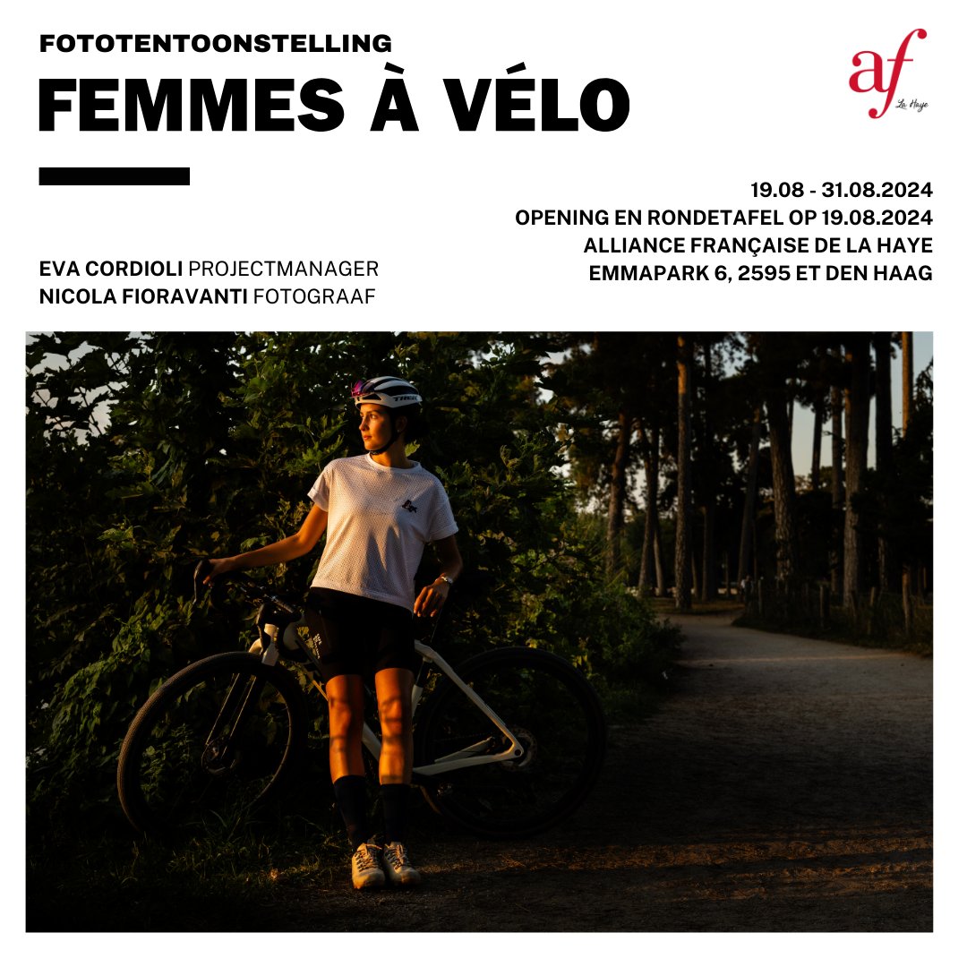 L'Alliance française de La Haye vous invite au vernissage de l'exposition photographique "Femmes à vélo" du photographe Nicola Fioravanti et de la cheffe de projet Eva Cordioli.

🗓️ Le 19 août 2024 ;
🕰️ Entre 18h et 20h30 ;
🏫 À l'Alliance Française de La Haye.