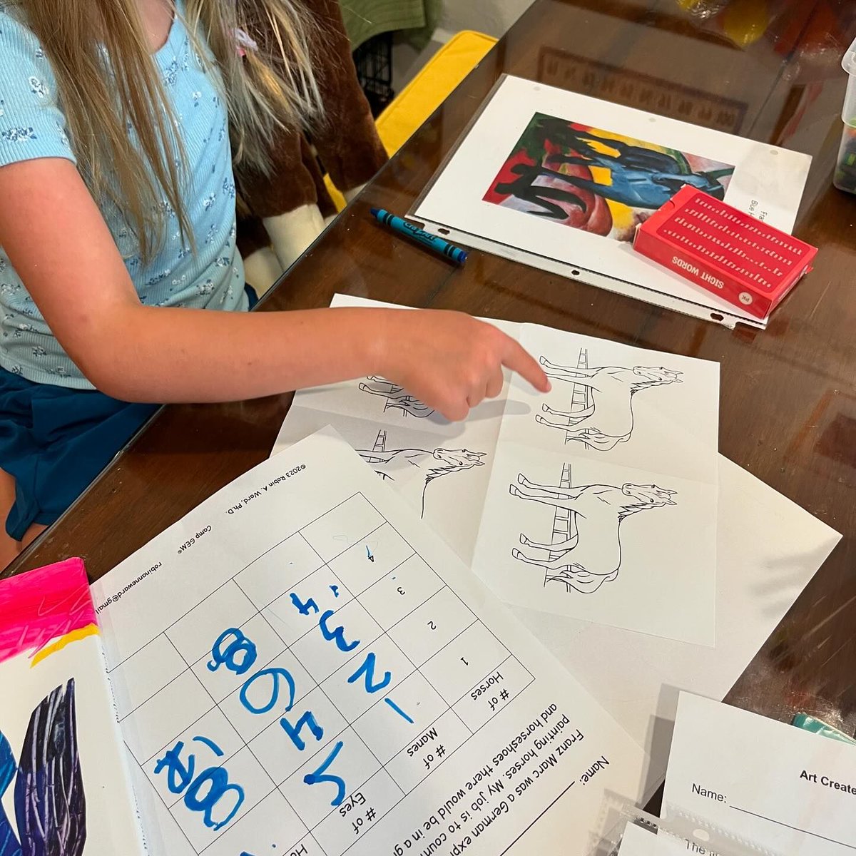 mathgoggles's tweet photo. When your favorite camper arrived with her horse, using Franz Marc's "Blue Horse" (1911) as a springboard for counting, and exploring and predicting patterns in a table, was a must! #MathGoggles #Math+Art=Fun https://t.co/WR95vy6DQP