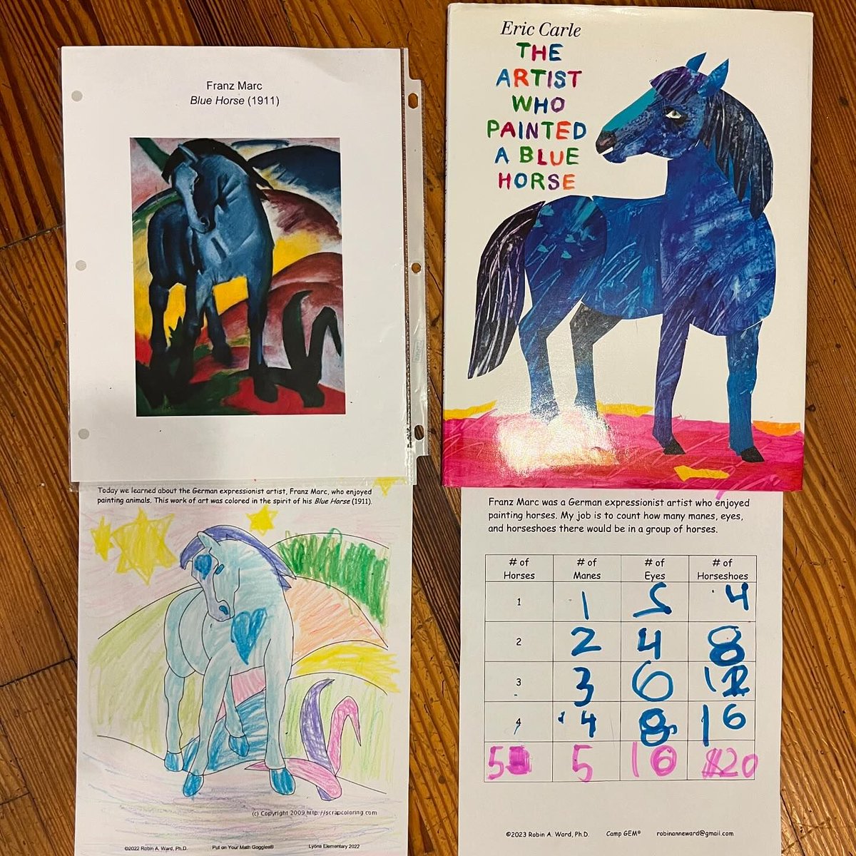 mathgoggles's tweet photo. When your favorite camper arrived with her horse, using Franz Marc's "Blue Horse" (1911) as a springboard for counting, and exploring and predicting patterns in a table, was a must! #MathGoggles #Math+Art=Fun https://t.co/WR95vy6DQP