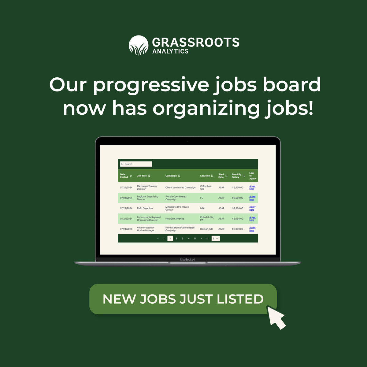 Grassroots Analytics (@grassroots_data) on Twitter photo Looking for a new job? The GA Progressive Jobs Board is updated weekly with fundraising, data, and mgmt opportunities across the US! As the election season heats up, we'll be including organizing and field jobs to help candidates and causes turn out voters this fall. Looking for a new job? The GA Progressive Jobs Board is updated weekly with fundraising, data, and mgmt opportunities across the US! As the election season heats up, we'll be including organizing and field jobs to help candidates and causes turn out voters this fall.