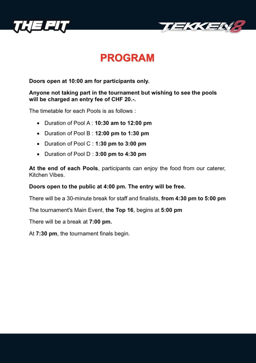 thepitFGC's tweet photo. The brackets are officially ready ! 

Please take note of what time your POOL starts.

See you all !

#THEPIT #TEKKEN #TWT2024 https://t.co/IAY4j7HqPI