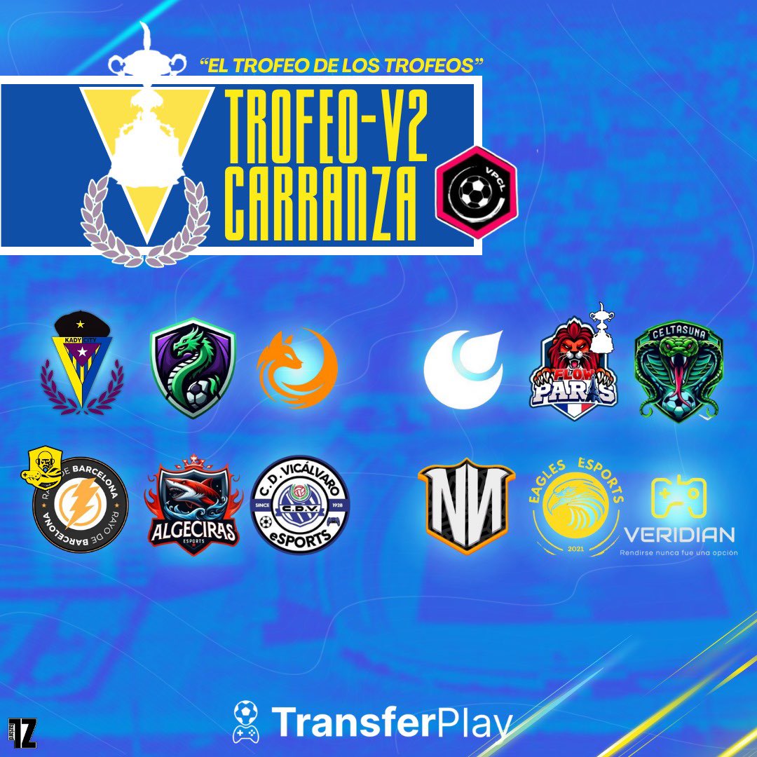 🤩Aquí tenemos el cartel oficial de la II Edición del #TrofeoCarranza en <a href="/EASPORTSFC/">EA SPORTS FC</a>.

🏆Doce equipos que lucharán por el Trofeo de los Trofeos.

🗓️6, 7 y 8 de agosto en el Nuevo Mirandilla.

🔗Todo el torneo en la App: <a href="/transferplay_es/">TransferPlay App</a>.

👨🏻‍💻@UPC_Laziard | ©️@VPCL_ESPANA 

💛🩵