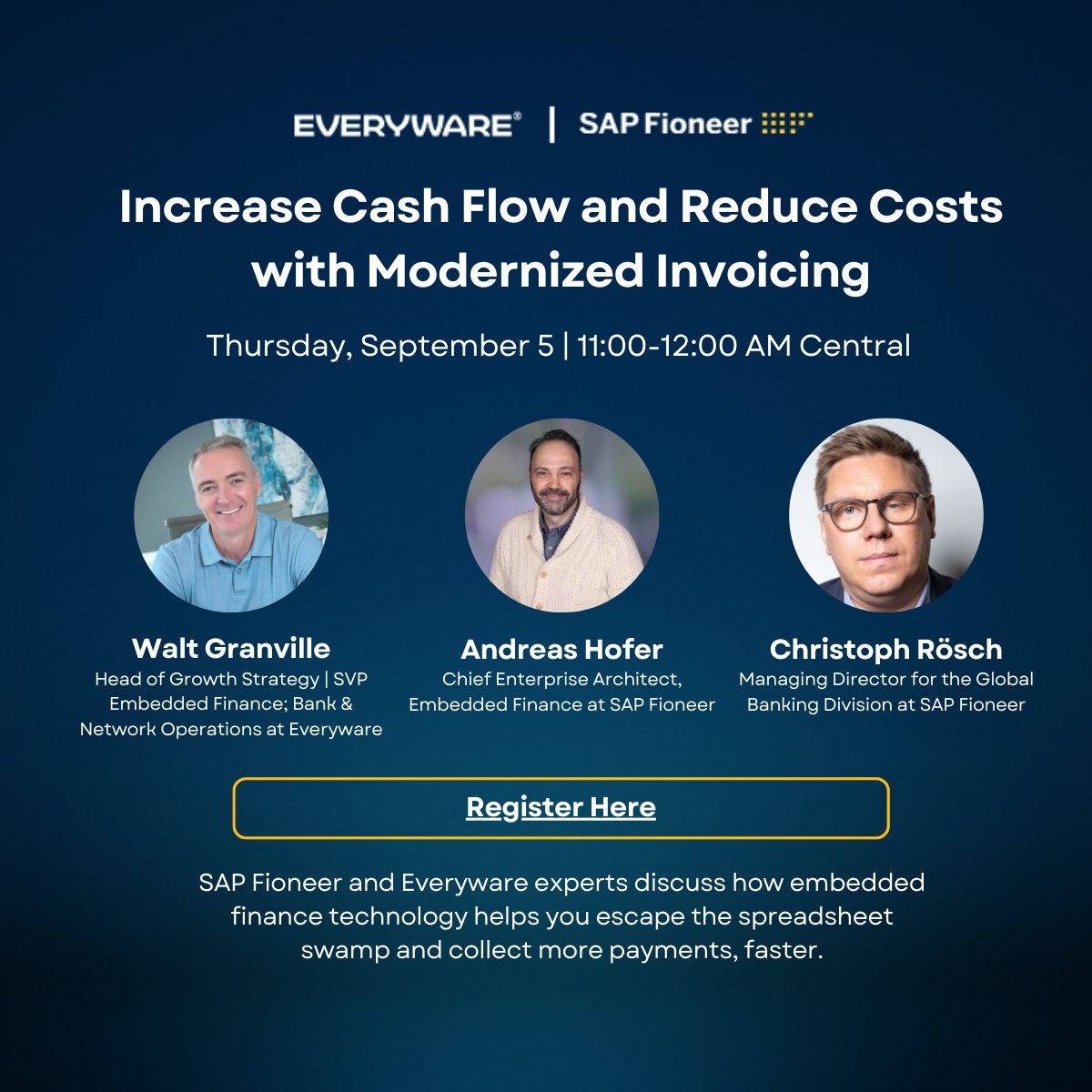 🚀 WEBINAR: Thu, Sept 5 @ 11:00 AM CT! Learn how to boost cash flow and cut costs with modern invoicing. Walt Granville &amp; Andreas Hofer will discuss the benefits of embedded finance tech in improving your invoicing process. Register now: hubs.ly/Q02K4Q9Y0 #embeddedfinance