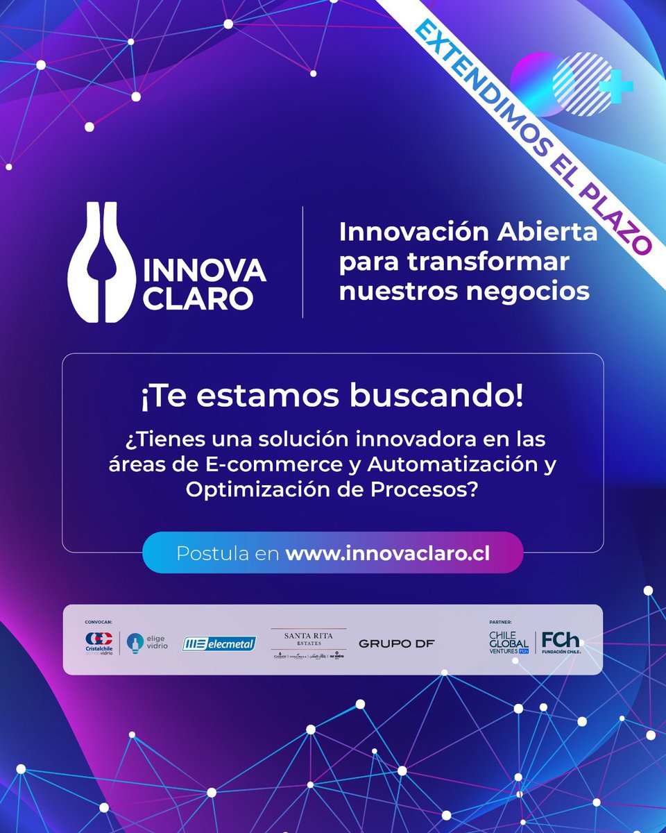 📢 [EXTENDIMOS PLAZO] - POSTULA A #INNOVACLARO

Sé parte de la transformación de las operaciones del Grupo Claro - ME ELECMETAL, Santa Rita Estates, Grupo DF y Cristalerías Chile SA - y colabora para mejorar la experiencia de sus clientes. 🤩 

Postula en innovaclaro.cl