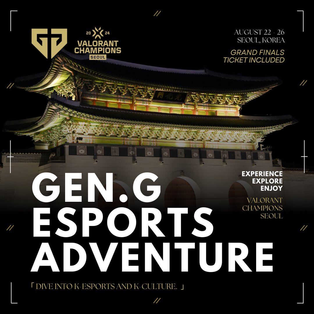 📣VCT FANS, SEOUL IS CALLING!🇰🇷

Join us for an unforgettable 5-day Gen.G Esports Adventure: VALORANT Champions Seoul!

🔔IMPORTANT INFO
• Application Deadline: Aug 12, 11:59 PM (PDT)
• Program Dates: Aug 22 - Aug 26
• Application Form + Details: bit.ly/GenGAdventure