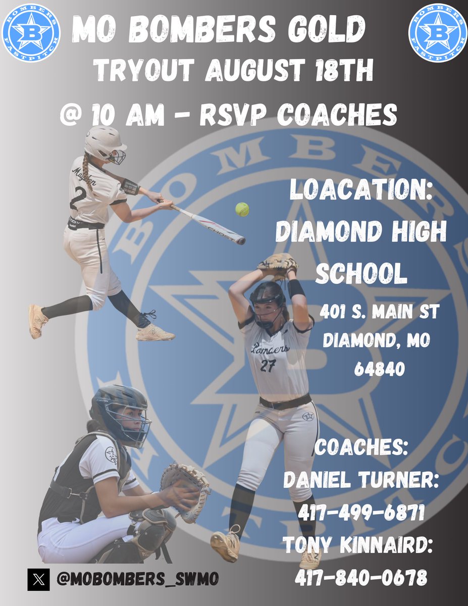 Mo Bombers Gold - SwMo (@mobombers_swmo) on Twitter photo Missouri Bombers 18U Gold will be holding Tryouts August 18th - for additional details feel free to contact our coaches Missouri Bombers 18U Gold will be holding Tryouts August 18th - for additional details feel free to contact our coaches